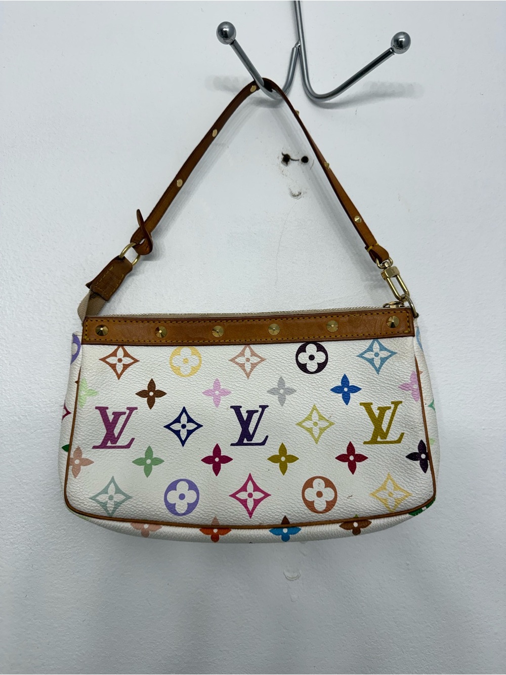 Louis Vuitton Multicolor Monogram Shoulder Bag - White Canvas with Brown Trim